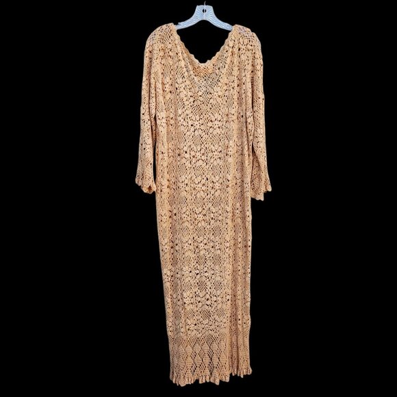 70s Hand Crochet Neutral Beige Maxi Floral Bell Sleeve Boho Volup XL–5X NWOT - Picture 7 of 12